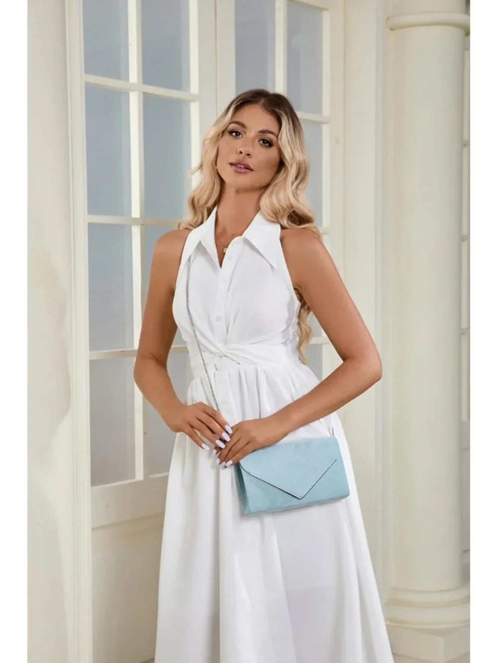 👜 Women's Light Blue Faux Suede Clutch Bag Elegant Metal Binding Evening Purse